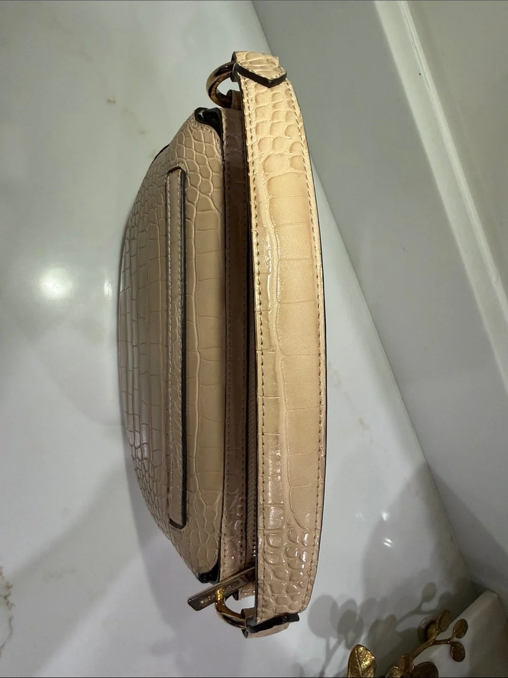Michael Kors Croc-Embossed Mini Shoulder Bag in Beige with Gold Hardware